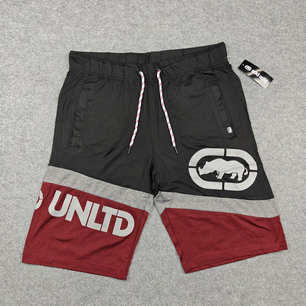 Ecko Unltd Shorts Mens Medium Black Red Colorblock Drawstring Athletic Logo Gym